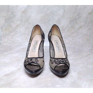 Jimmy Choo Peep Toe Luna Pumps Black Lace Platform Womens Size 36.5 Italy US 6.5